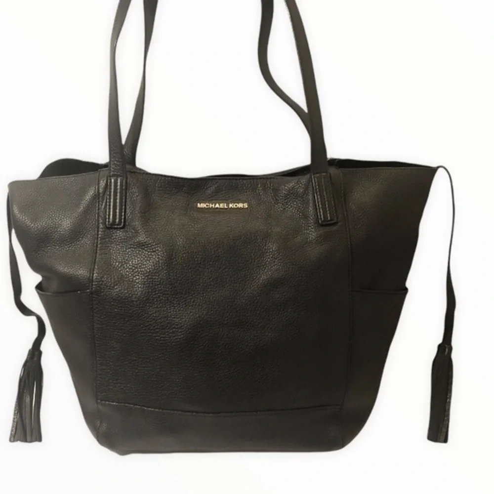 Michael kors black leather tassel tote bag